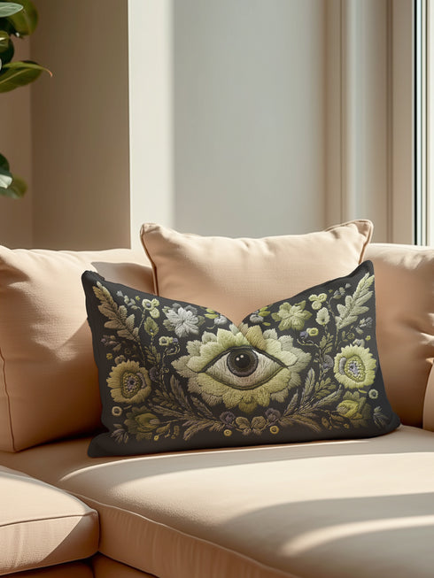 All-seeing eye botanical lumbar pillow with mystical herbal embroidery on dark navy fabric. Gothic cottagecore throw pillow featuring protective third eye symbol surrounded by sage botanicals, oak leaves & wildflowers. Witchy home decor with medieval tapestry aesthetic. Perfect for bohemian spiritual spaces, pagan decor & occult art lovers. 20x12 lumbar size.